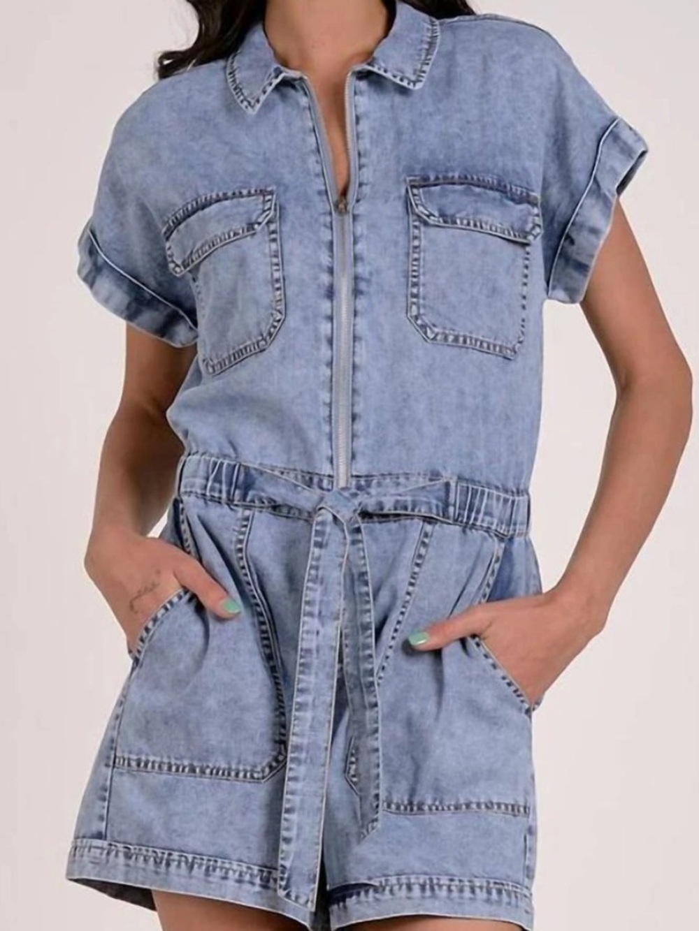 Elan Light Wash Denim Short Romper